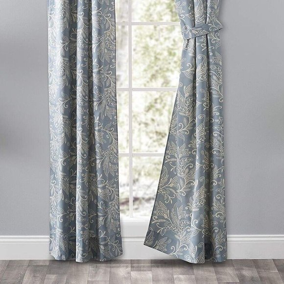 Ellis- Lexington Leaf Curtain Panel Set w Ties Rod Pocket Floral Blue 56X84L NEW - Picture 8 of 10